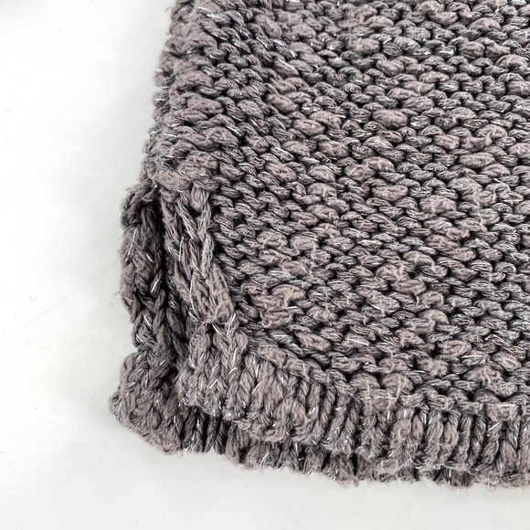 Zara Knit Womens Open Knit Deep V-Neck Sweater Sz L Grey Silver Split Hem - Picture 5 of 9